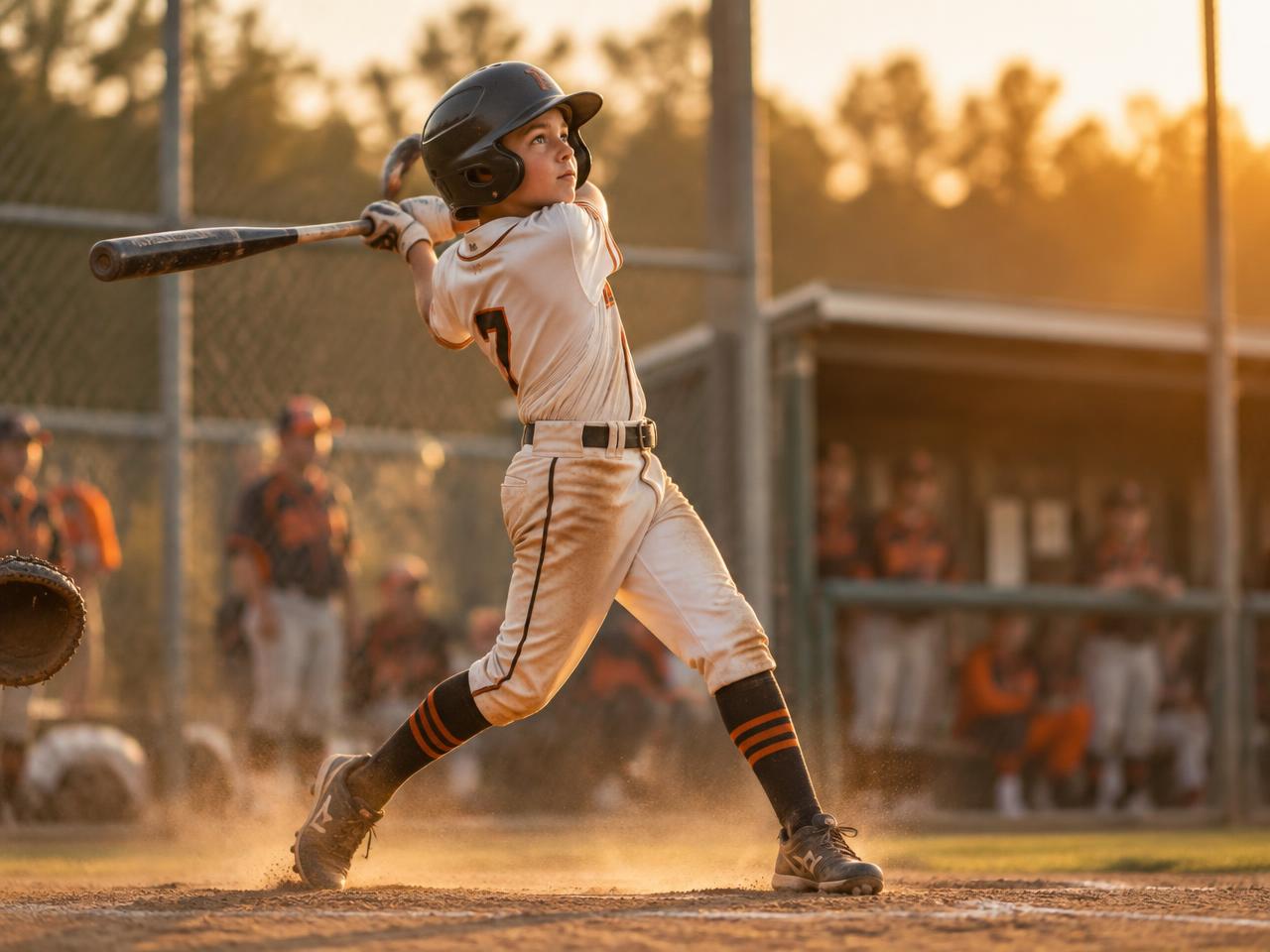 Baseball player swinging in golden afternoon light