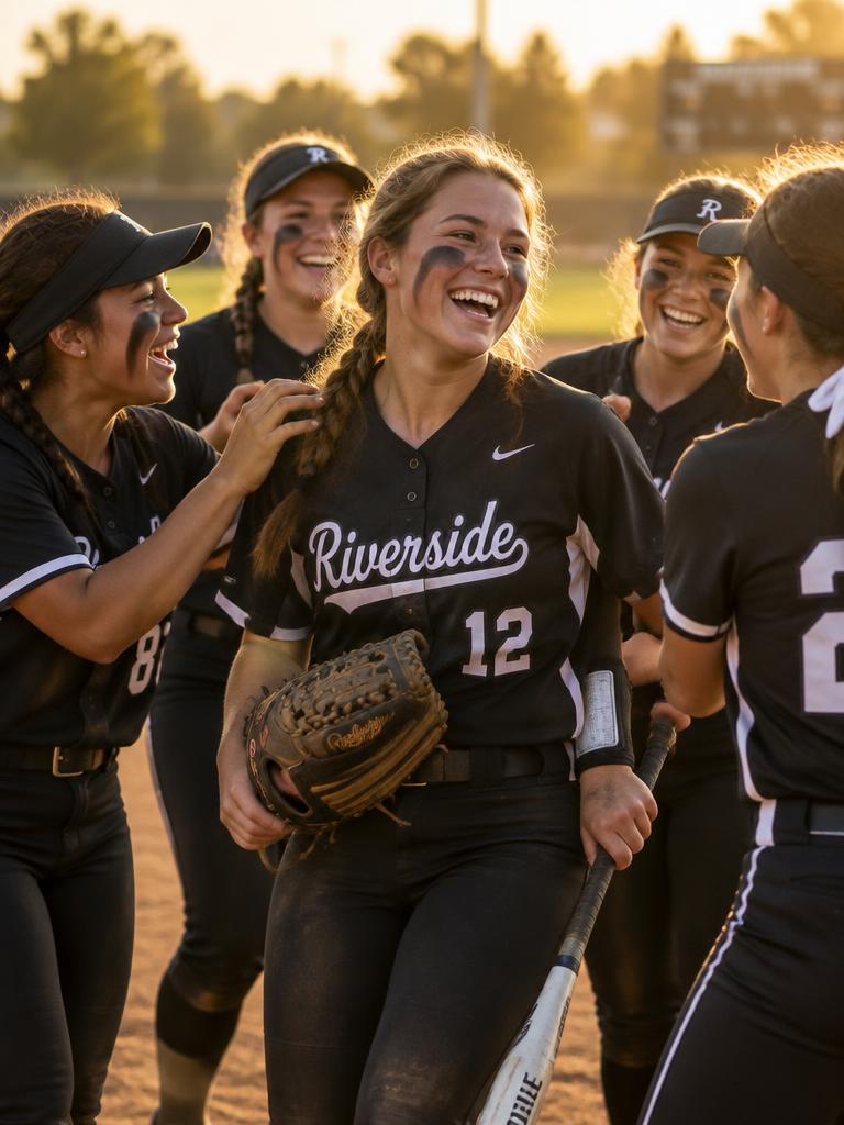 Female players celebrating together on the field