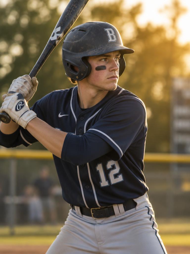 Teen baseball player at bat in golden afternoon light